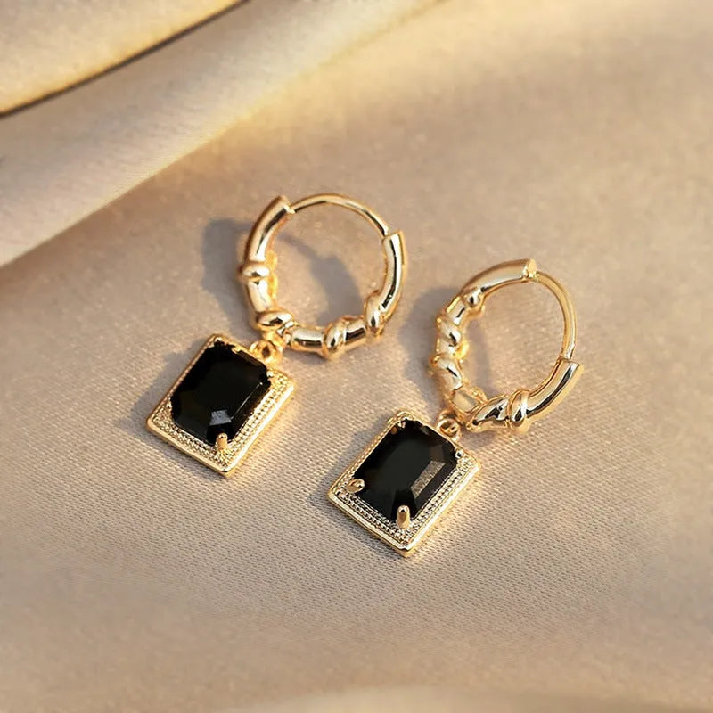Geometric quadrilateral black zircon drop earrings in copper with a French court retro style.