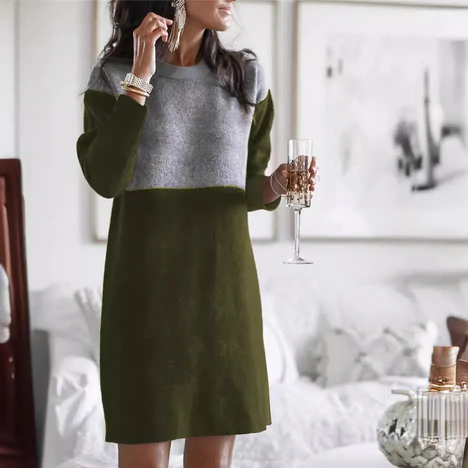 Brown women's patchwork skirt dress with long sleeves and round neck in polar fleece fabric