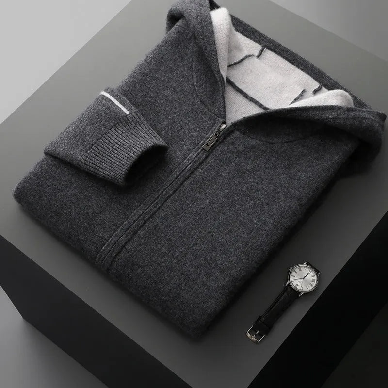 Men's dark blue cashmere zip cardigan with half-high collar and long sleeves