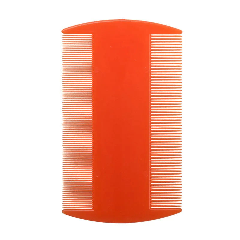 A white double-sided fine-toothed plastic comb for lice removal, shown on a blue background.