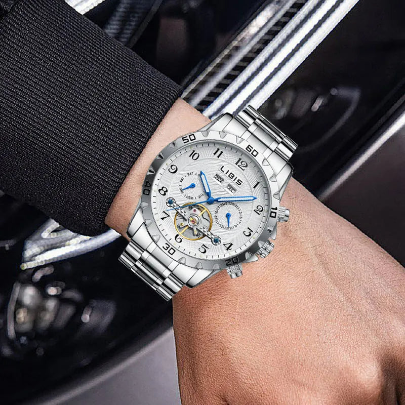 Men's silver stainless steel automatic perpetual calendar watch with sapphire crystal glass