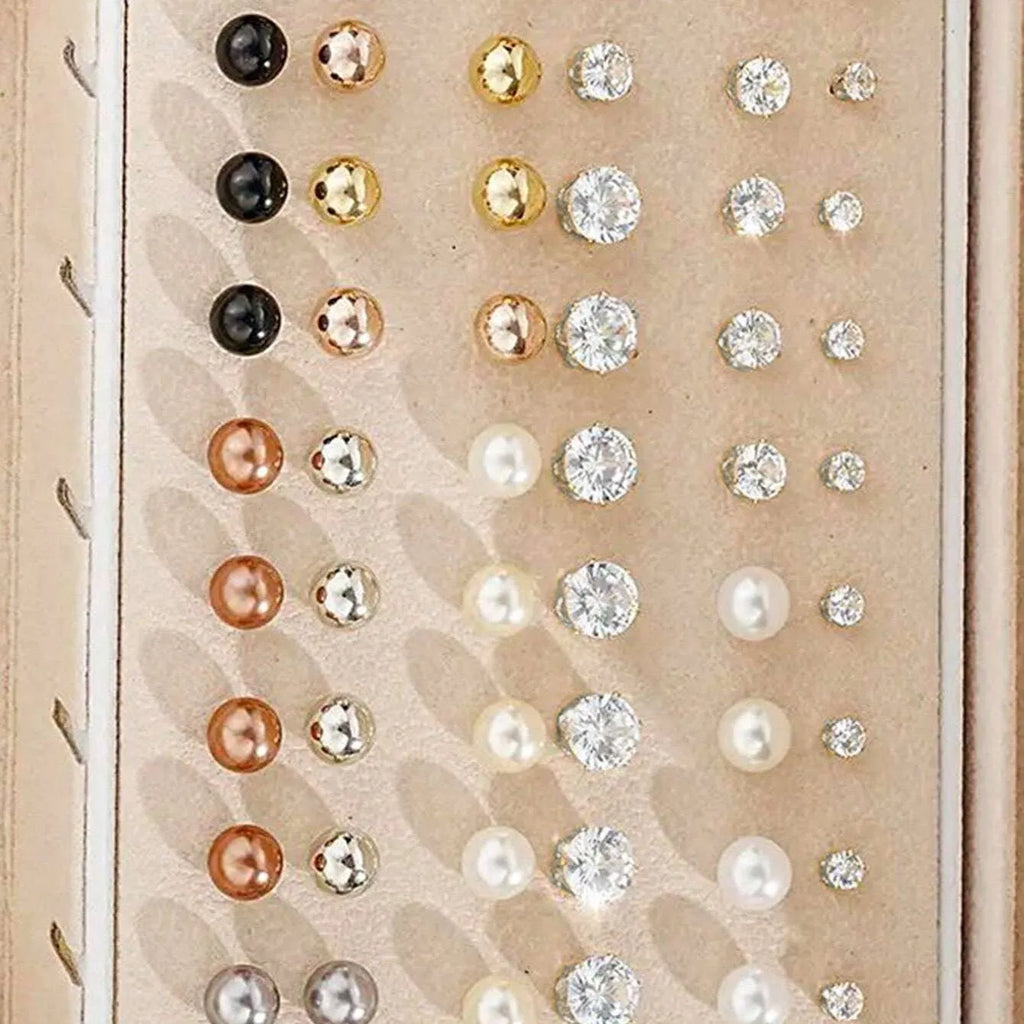 108-piece assortment of gold and yellow alloy stud earrings with geometric shapes and round pearls.