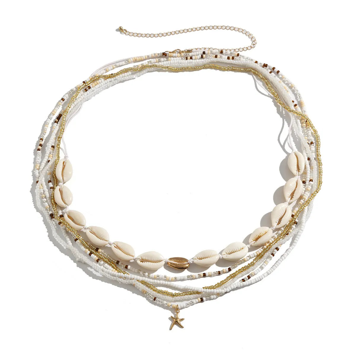 Bohemian style alloy waist chain with shell beads, shown in gold brown colour.