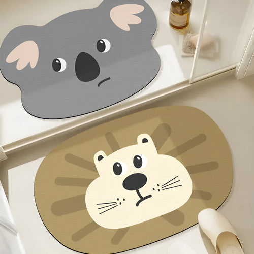 Cartoon animal diatomite absorbent bathroom mat in alien shape on bathroom floor.