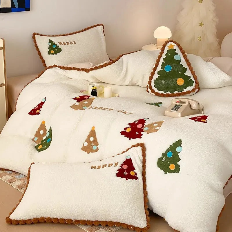 Bright yellow fleece-lined duvet cover with cartoon Christmas tree print, part of a four-piece milk fibre bedding set.