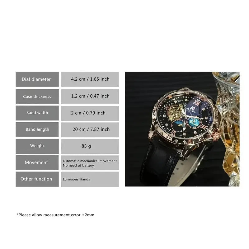 Large dial automatic mechanical watch with rose gold case and black leather strap