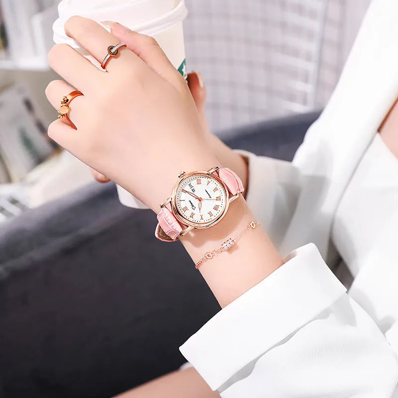 Women's automatic mechanical watch with 12mm case on steel belt and leather strap in various colours.