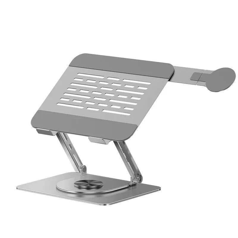 Silver carbon steel laptop stand with magnetic phone holder rotating on desk