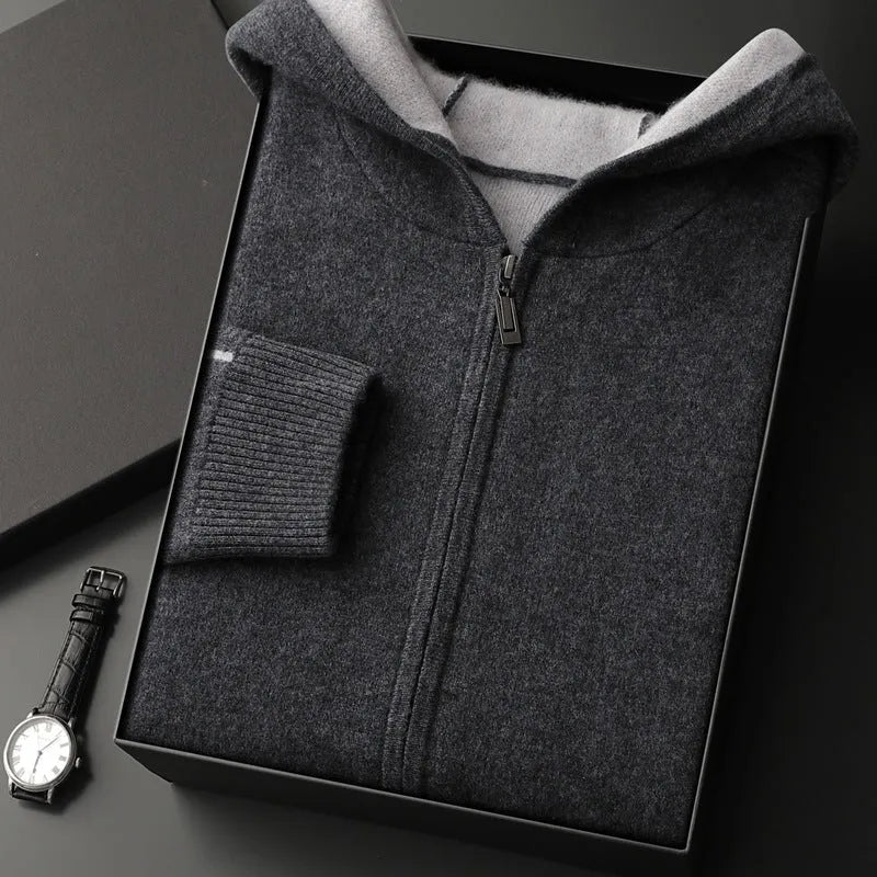 Men's dark blue cashmere zip cardigan with half-high collar and long sleeves
