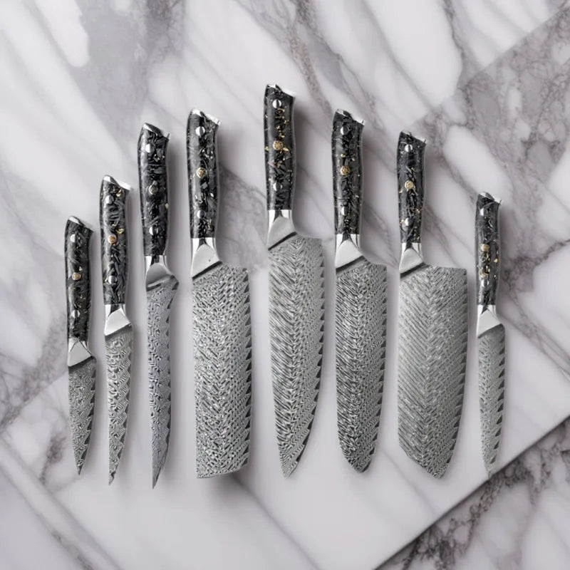 Eight-piece Damascus steel kitchen knife set showing fishbone pattern blades on a wooden surface.