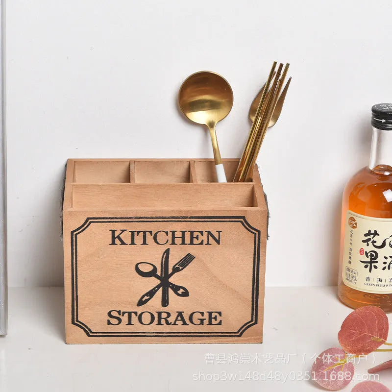 Solid colour wooden kitchen storage box for knives forks chopsticks with internal grid divider
