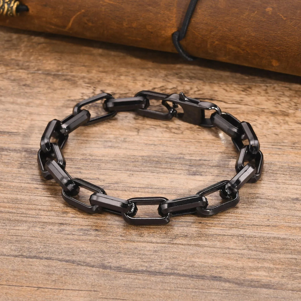 A minimalist square chain men's bracelet in titanium steel, shown in steel colour.