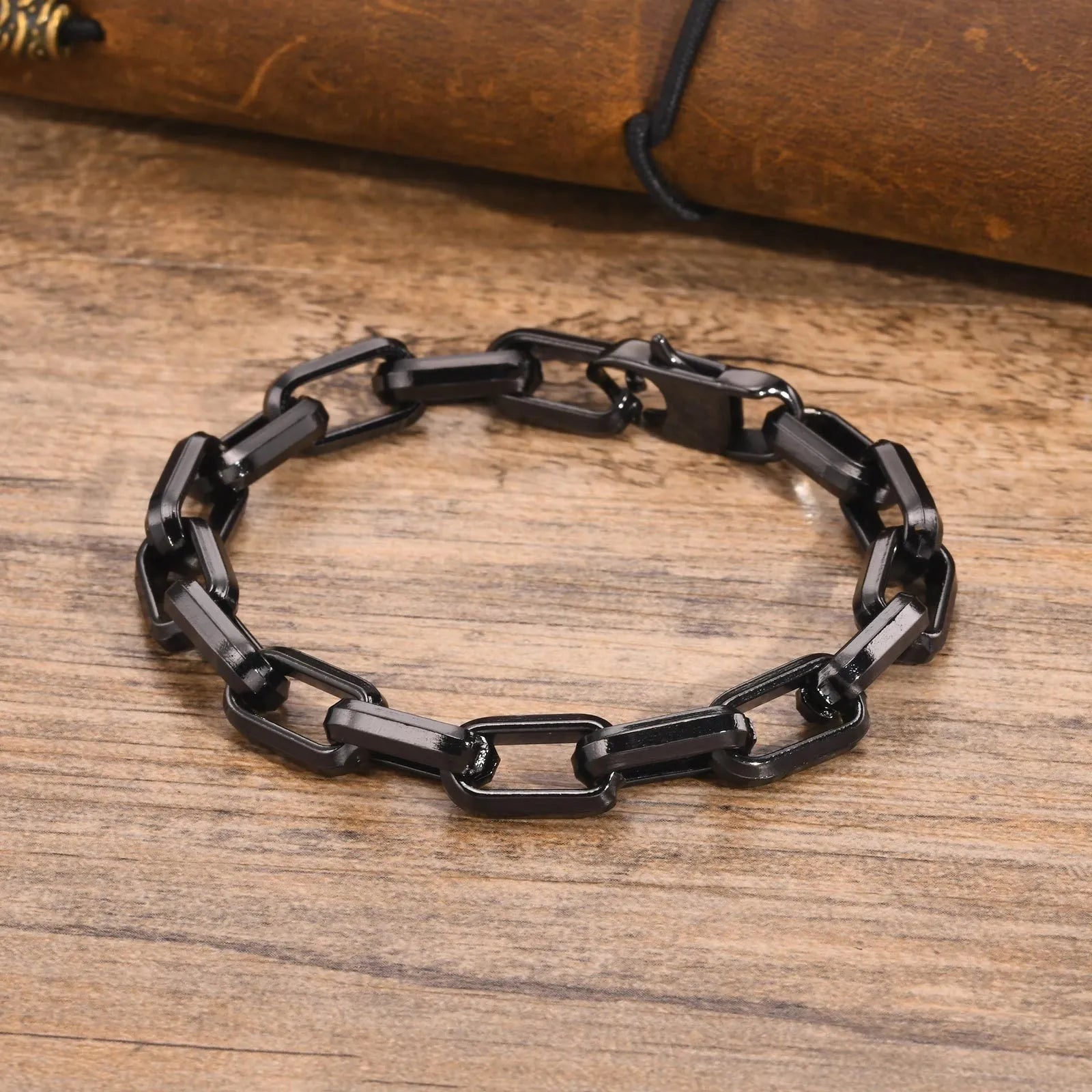 A minimalist square chain men's bracelet in titanium steel, shown in steel colour.