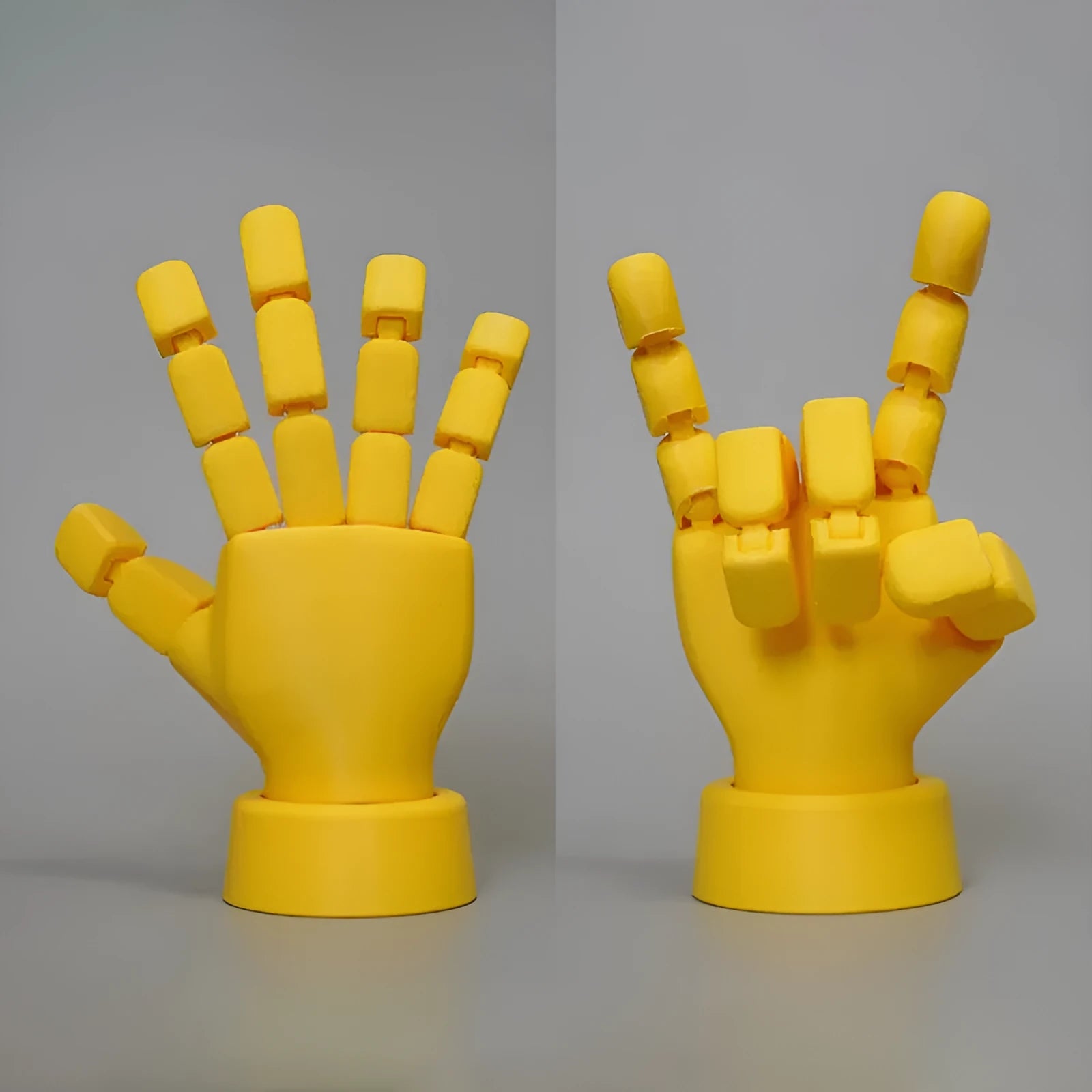 Yellow movable joint hand ornament figurine made from PLA plastic for decorative display.