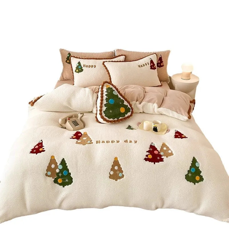 Bright yellow fleece-lined duvet cover with cartoon Christmas tree print, part of a four-piece milk fibre bedding set.