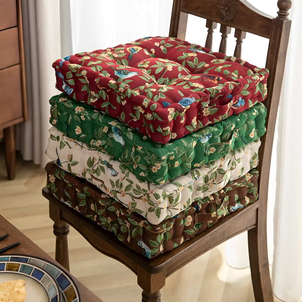American dining chair cushion with floral pattern in 40x40x8cm size showing 8cm thickness