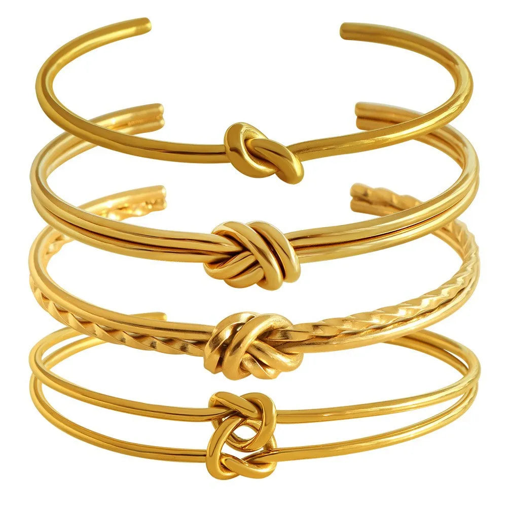 Women's adjustable stainless steel bracelet with knotted C-shaped open design and double-layer construction