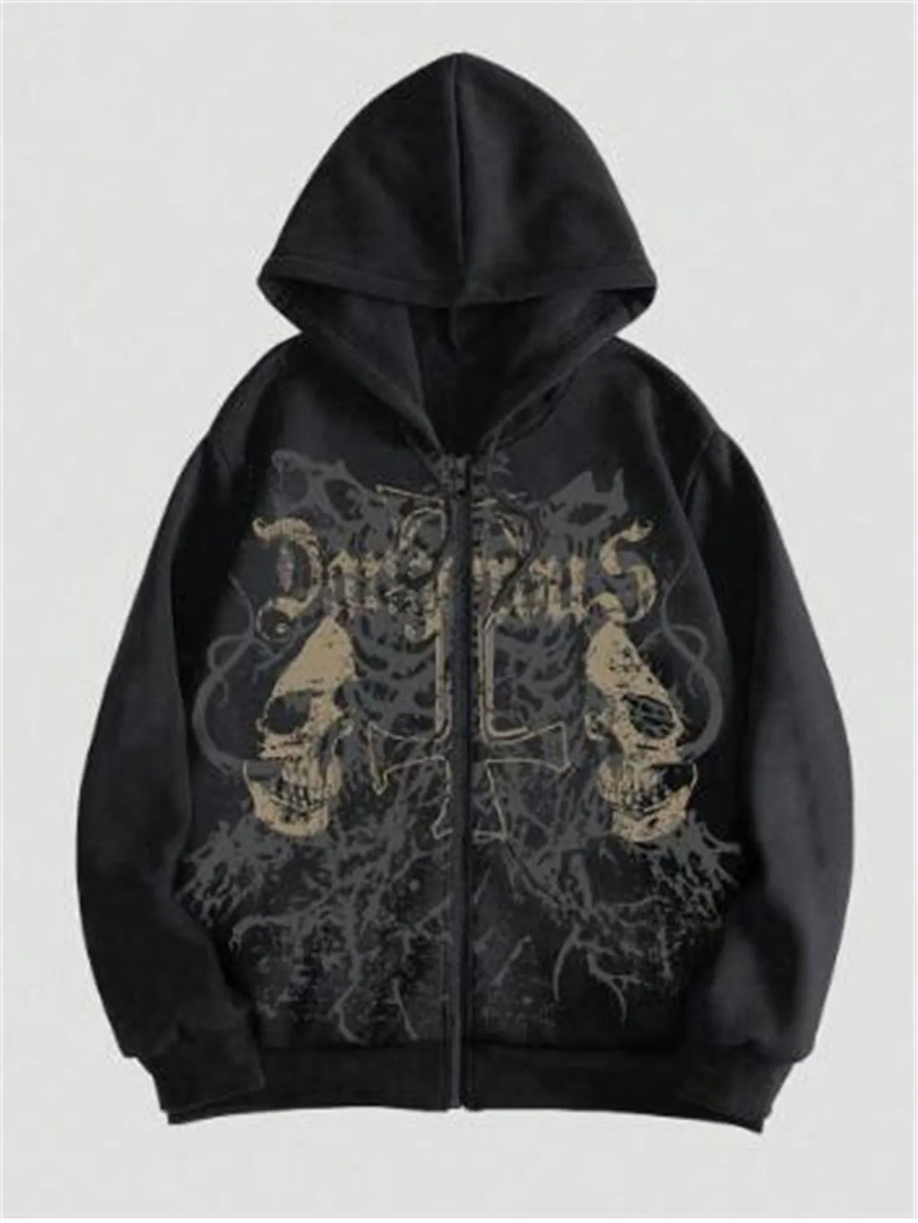 Men's black hooded sweatshirt with skull print hot stamping decoration and Harajuku styling