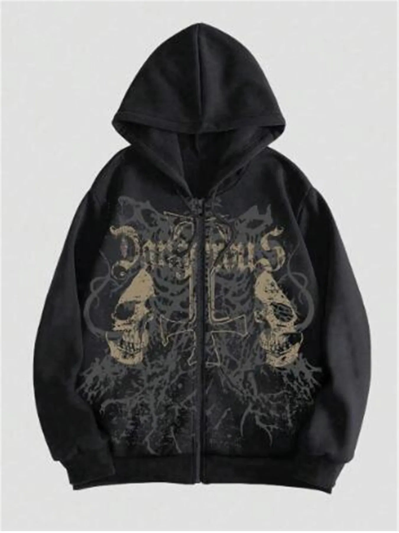 Men's black hooded sweatshirt with skull print hot stamping decoration and Harajuku styling