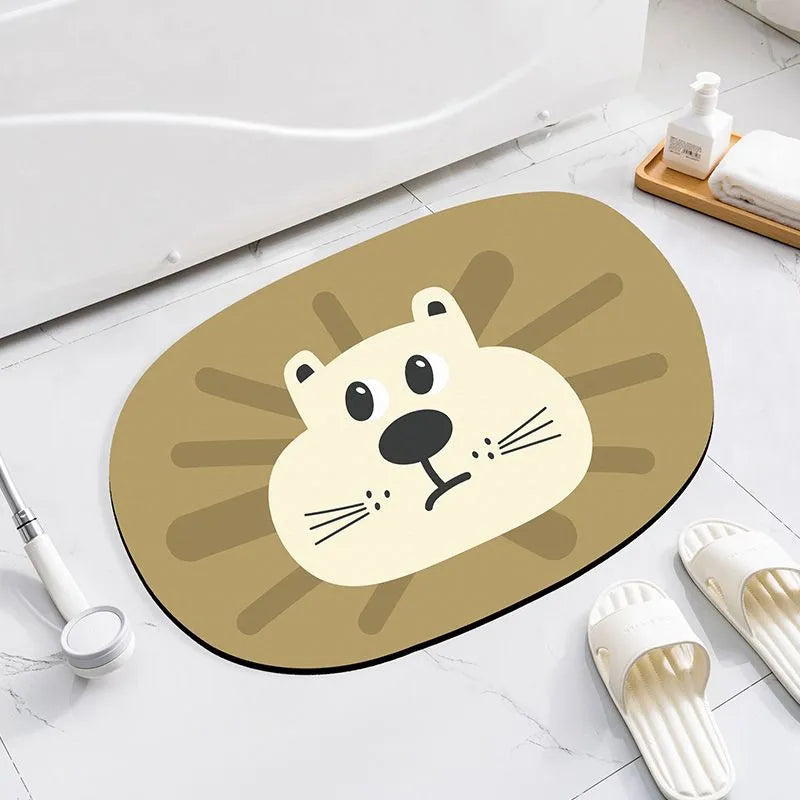 Cartoon animal diatomite absorbent bathroom mat in alien shape on bathroom floor.
