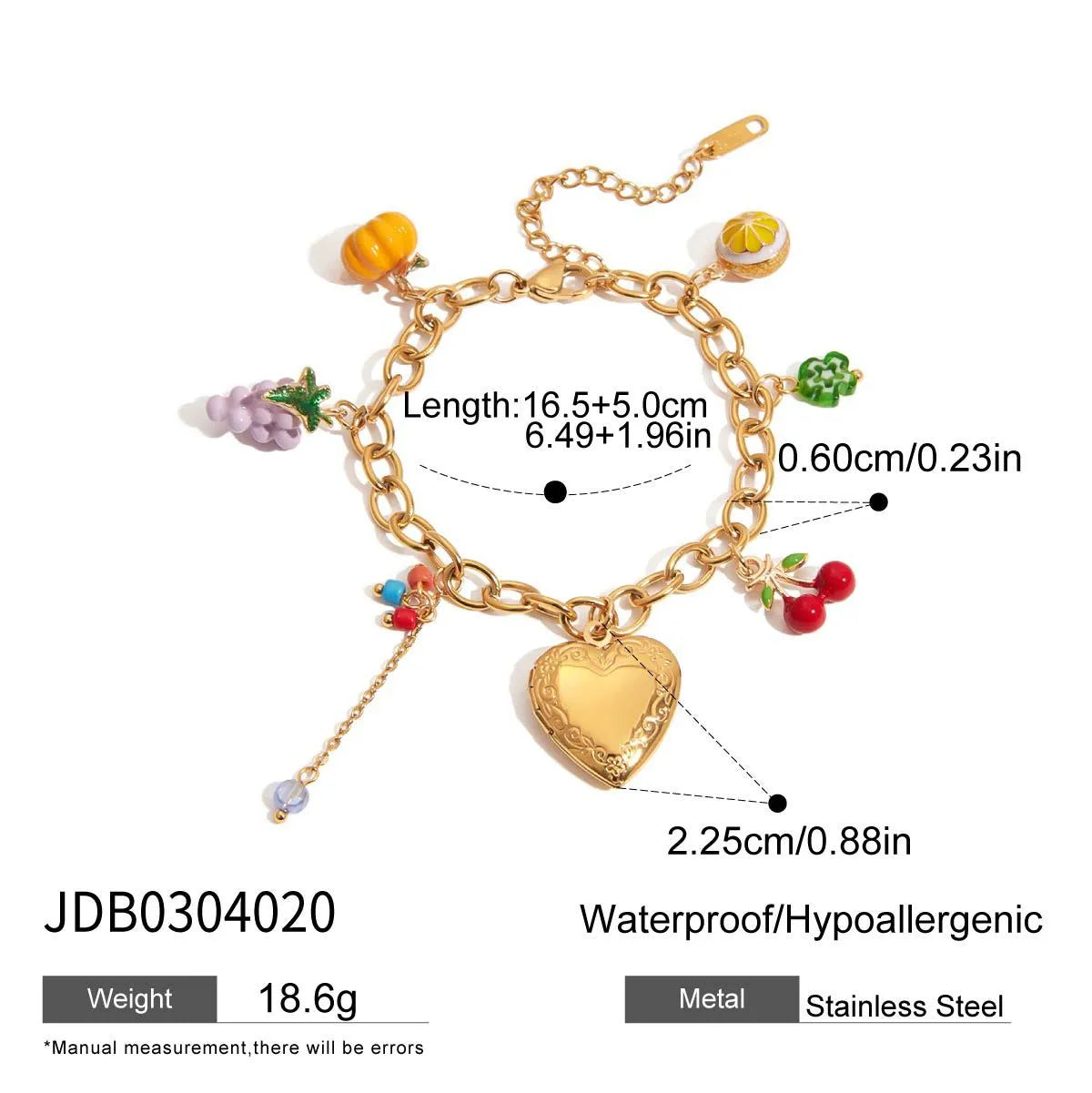 18K gold stainless steel bracelet with grape cherry and lemon fruit motifs for women