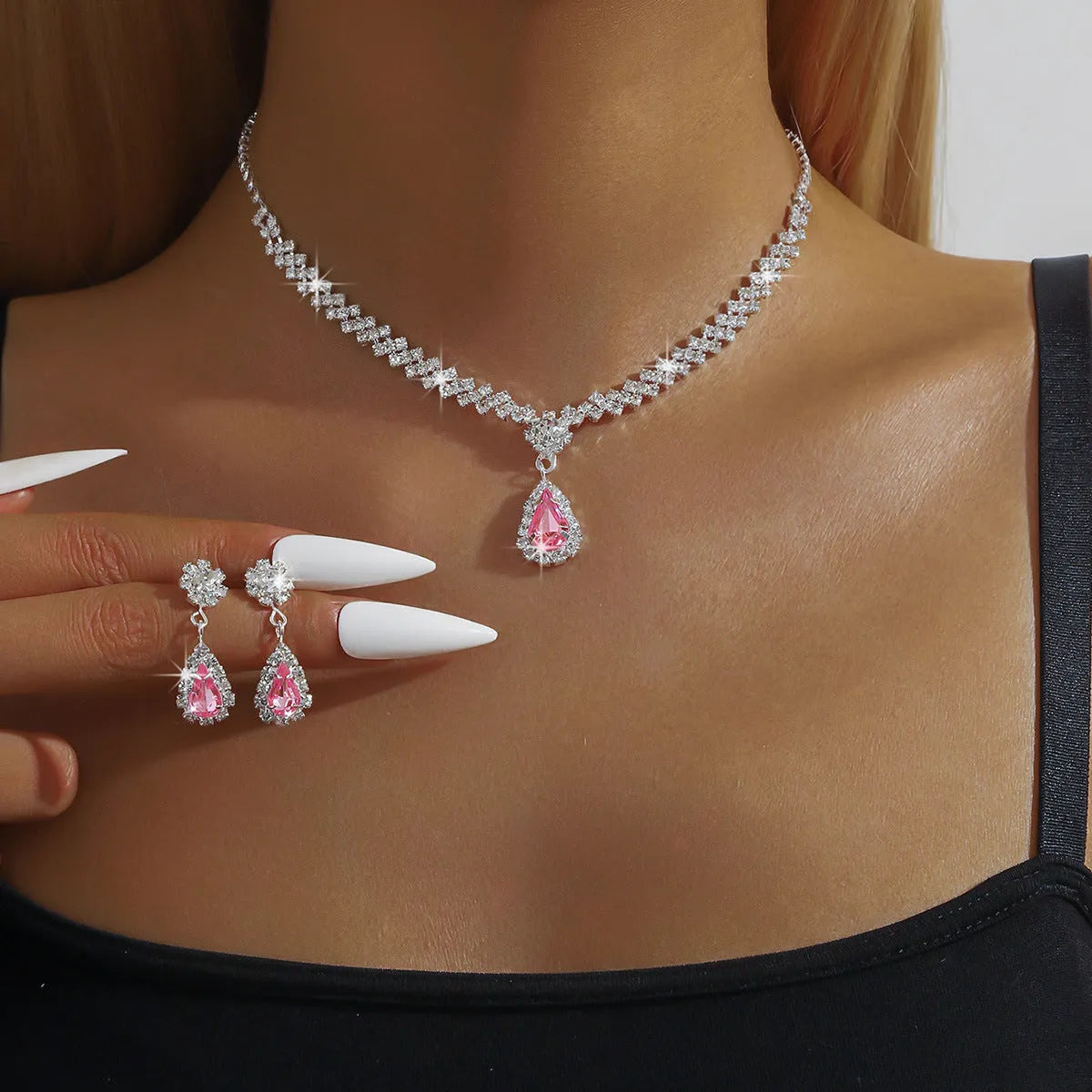 Claw chain necklace and earrings set with drop rhinestones in multiple colour options
