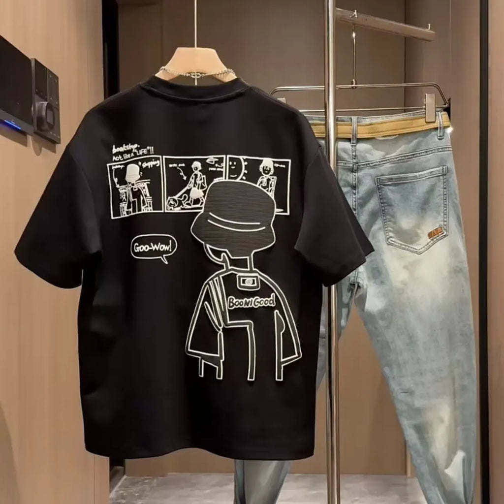 Men's black and white cotton short sleeve t-shirt with cartoon print, showing crew neck and straight cut.