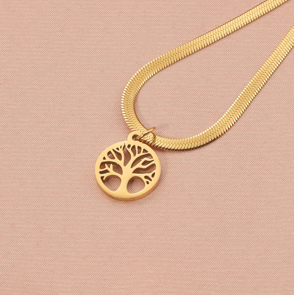 Stainless steel lucky tree necklace with adjustable length and tree pendant on snake bone chain