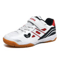 White and blue PVC low-top badminton shoes with hand-painted detail and a ribbed sole.