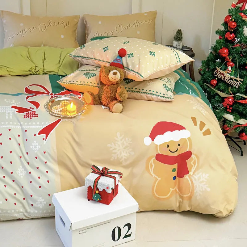 Christmas cartoon character bedding set with duvet cover, fitted sheet and pillowcases laid on a bed