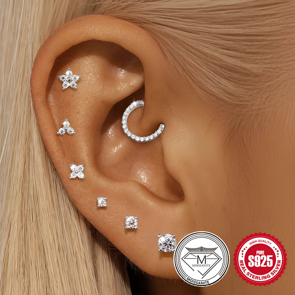 S925 sterling silver stud earrings with geometric petal diamond design in platinum finish.