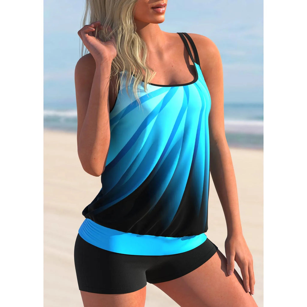 Plus size women's swimsuit set with strapped top and beach shorts in butterfly print pattern