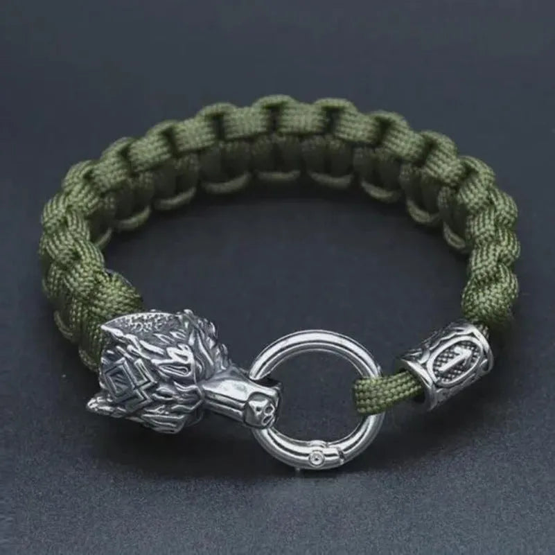 Handmade stainless steel wolf head bracelet with Chinese characters in camouflage colour