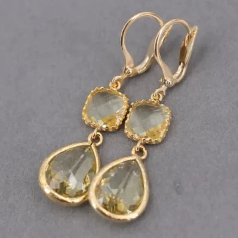 Gold geometric long fringe earrings with water droplet crystals in retro European-American style