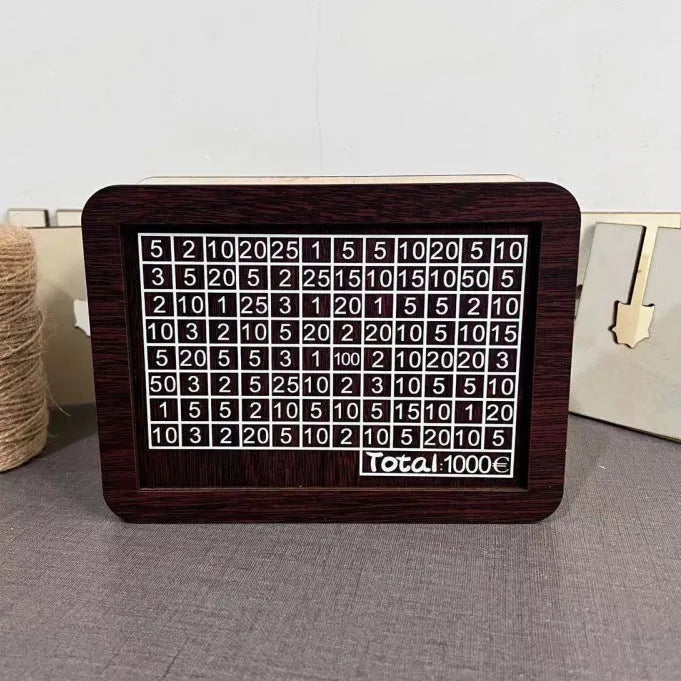 Wooden digital coin bank with LCD display showing savings counter in retro nostalgic design