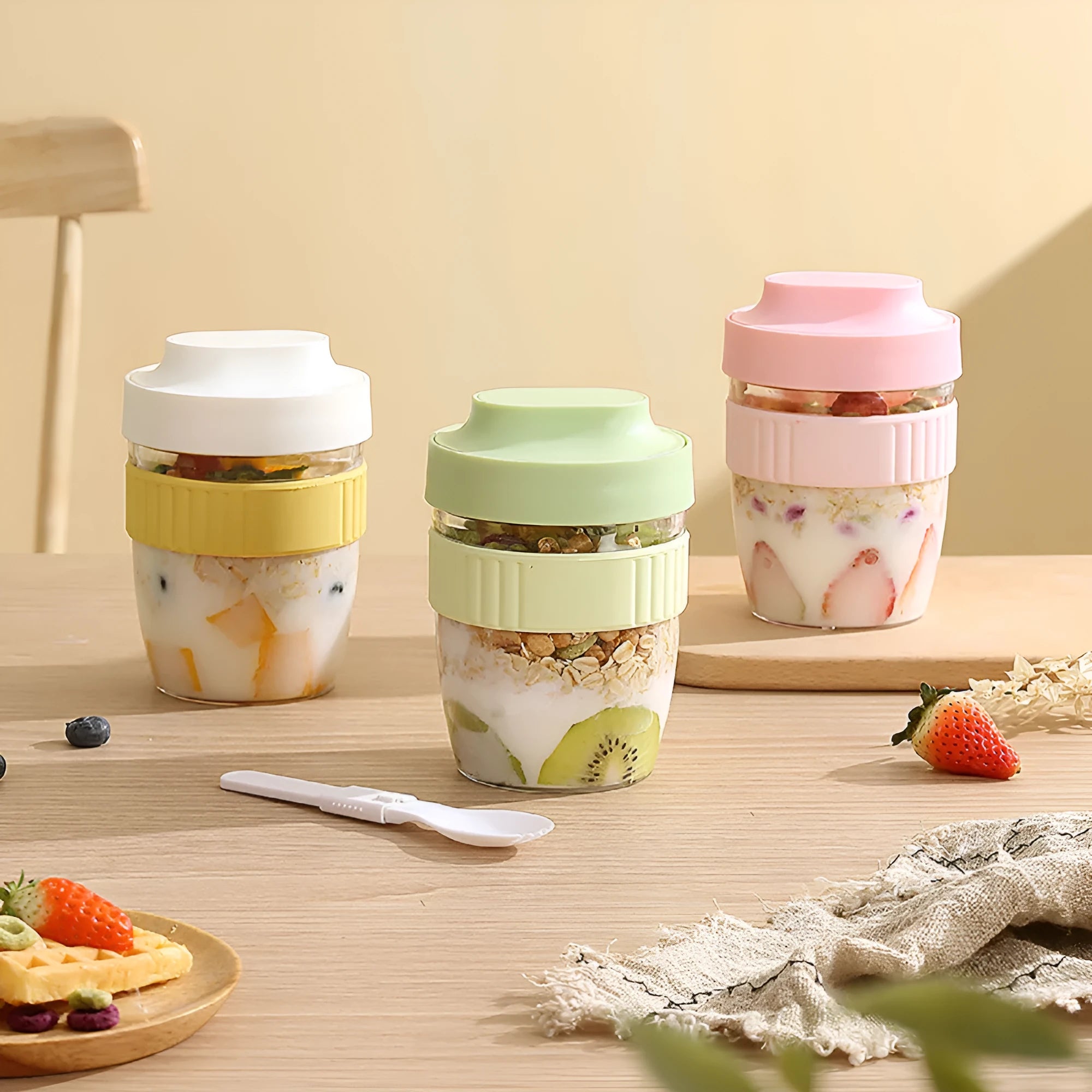 Green plastic salad cup with clear lid and integrated spoon showing 480ml capacity measurement