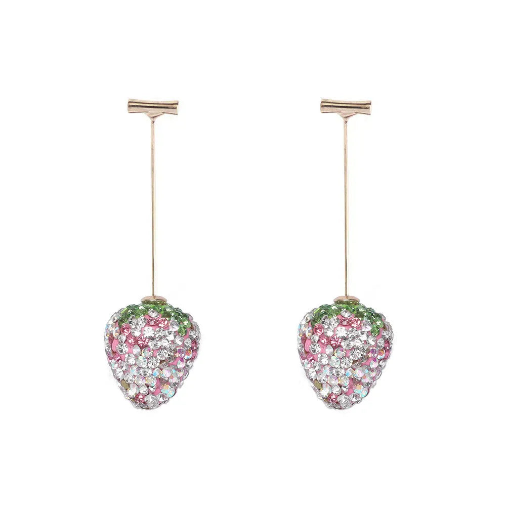 Geometric red strawberry stud earrings with spot drill texture on a zinc alloy post.