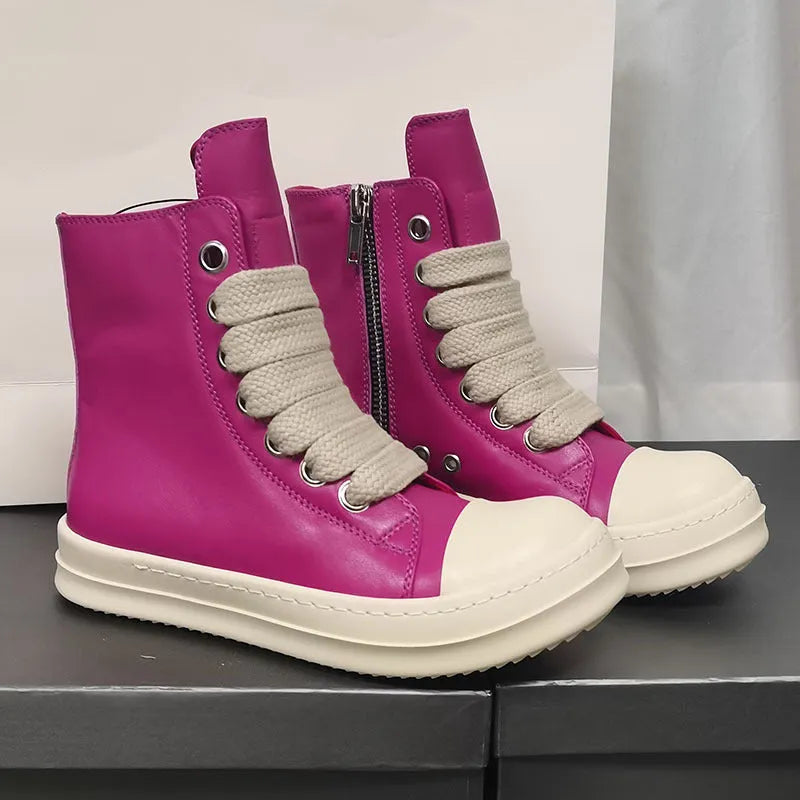 Black leather high-top sneakers with side zipper and round toe on a rubber platform sole
