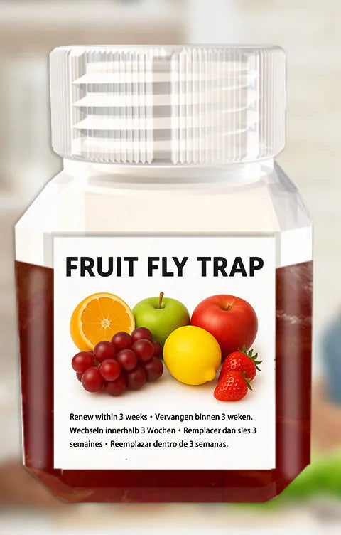 Bottle of SK003 fruit fly trapper bait liquid on a kitchen counter.