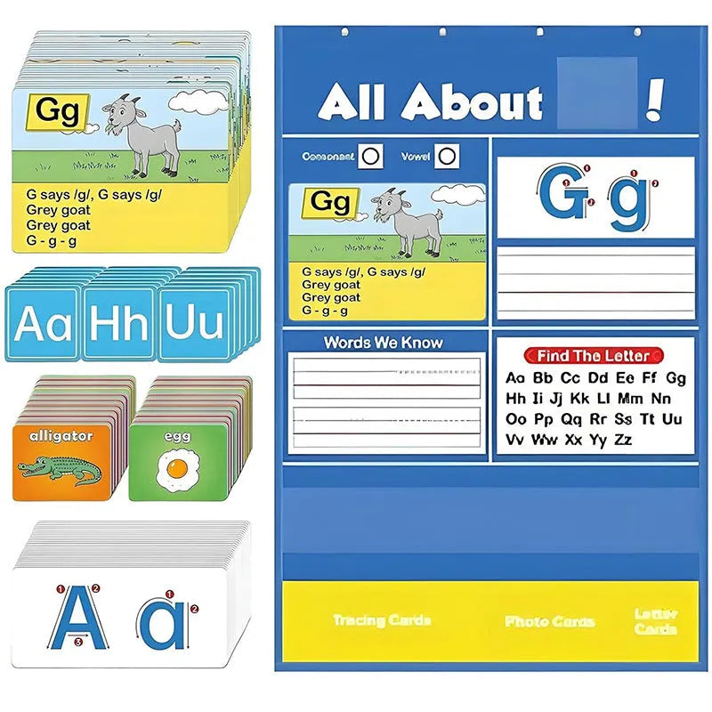 Large blue alphabet learning sleeve chart with scattered word, letter, and picture cards for children.