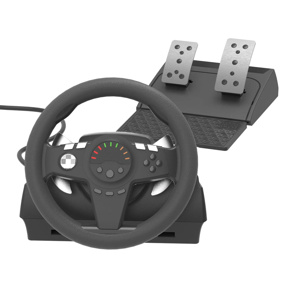 Black multi-platform USB steering wheel game controller with two pedals and vibration feedback.