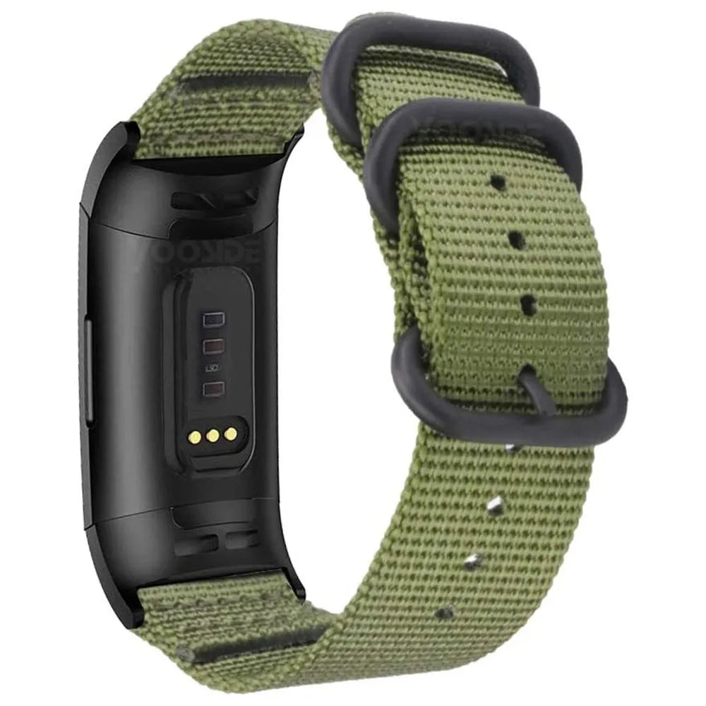 Nylon three-ring buckle replacement strap for Fitbit Charge 2, 3, 4, and 5 fitness trackers in multiple colours