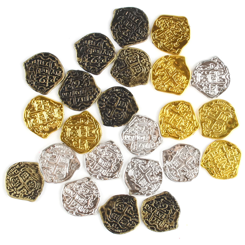 100 plastic Roman coin replicas with gold, silver, and bronze electroplated finishes for decorative use