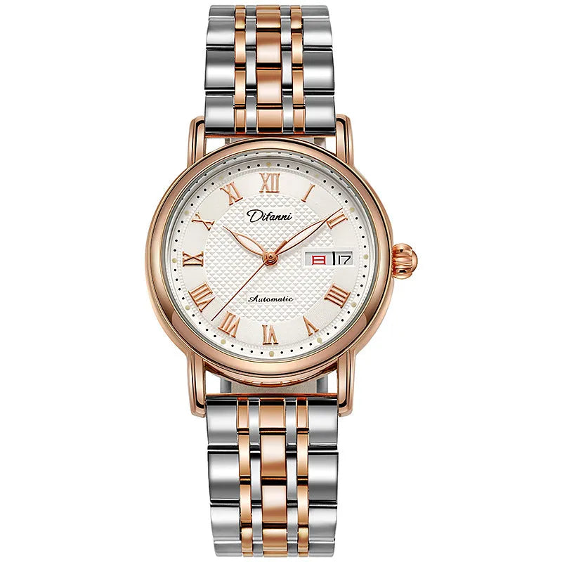 Women's automatic mechanical watch with 12mm case on steel belt and leather strap in various colours.