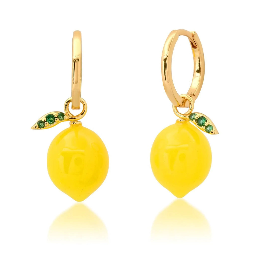Gold plated carrot, lemon, peach and blueberry design earrings made from copper.