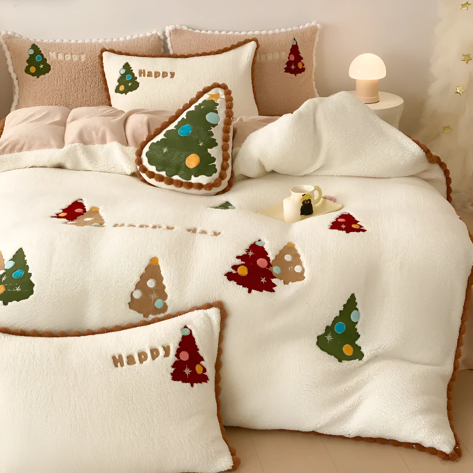 Bright yellow fleece-lined duvet cover with cartoon Christmas tree print, part of a four-piece milk fibre bedding set.