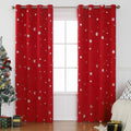 Red or green snowflake pattern shade cloth curtain with coordinating lace loops and iron hoops