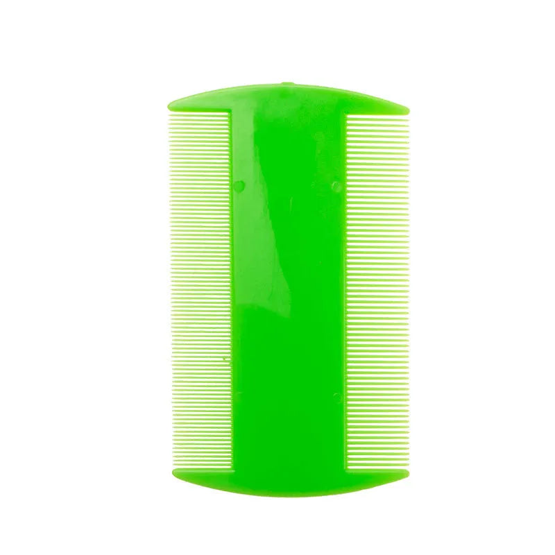 A white double-sided fine-toothed plastic comb for lice removal, shown on a blue background.