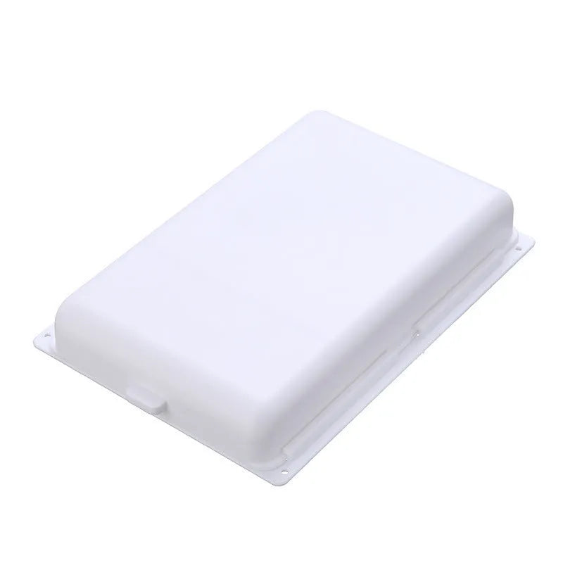 White plastic storage drawer with a cover and internal grid compartments, shown mounted underneath a wooden table.