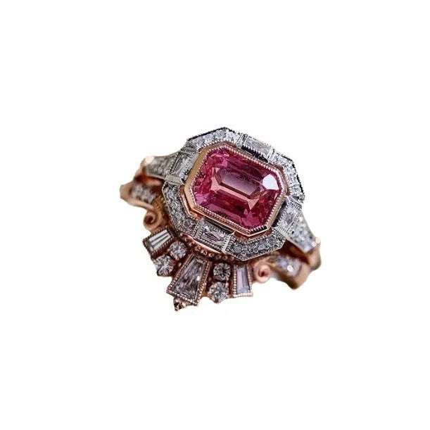 Rose gold geometric women's fashion ring in a retro style on a white background.